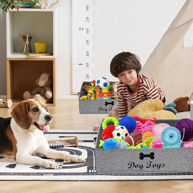 Geyecete 2 Pack Large Dog Toy Bin - Foldable Fabric Trapezoid Organizer Boxes with Handle for Dog Toys (Snow Gray)