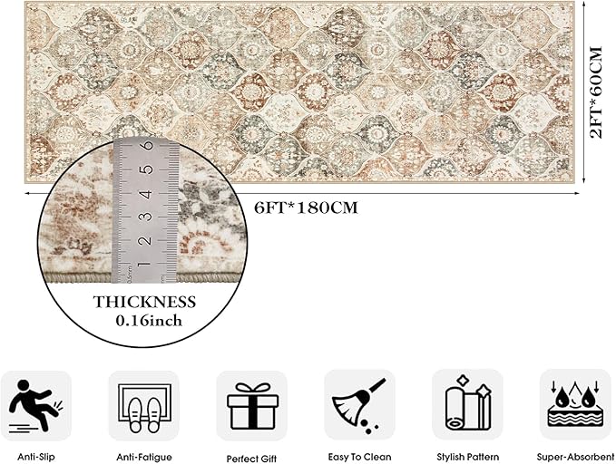 Lahome Moroccan Trellis Hallway Runner Rug, 2x6 Kitchen Runner Rugs Non Skid Washable, Vintage Laundry Room Rug Ultra-Thin Long Carpet for Bathroom Bedroom Entryway, Khaki