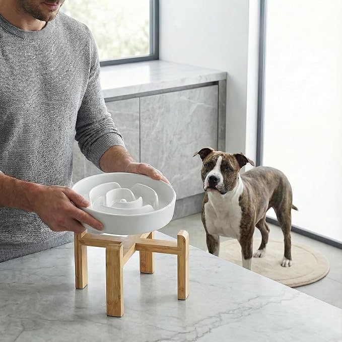 Elevated Slow Feeder Dog Bowl - Upgraded with Screwed Bamboo Stand - Ceramic Maze Dish for Fast Eaters - Raised Feeding Bowl for Medium and Large Dogs - White - 8.4 inch
