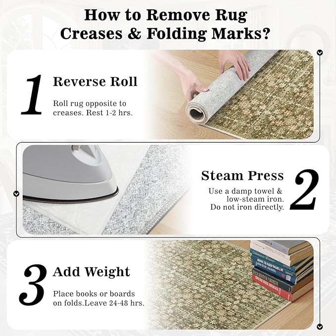 DCX 8x10 Neutral Rug, Kid & Pet Friendly with Rubber Back Non Slip, Machine Washable Stain Resistant Olive Green Floral Rug for Living Room, Bedroom, Soft Low Pile Large Nursery Carpet