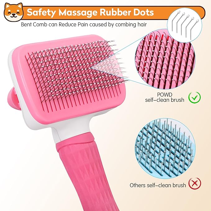 Dog & Cat Brush, Self Cleaning Slicker Brush for Pets, Upgraded Dog Brush for Shedding Massaging and Grooming, Removes Loose Undercoat & Portable Comb for Long Short Haired Dogs(Pink)