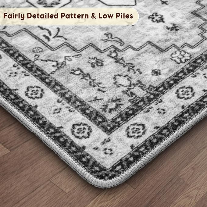 LBRO2M Boho 4X6 Rug Washable Rugs for Bedroom Non Slip Indoor Rug, Soft Low Piles Rugs Gray Foldable Carpet for Living Room Pet Friendly Area Rug Stain Resistant (4'X6' Gray)