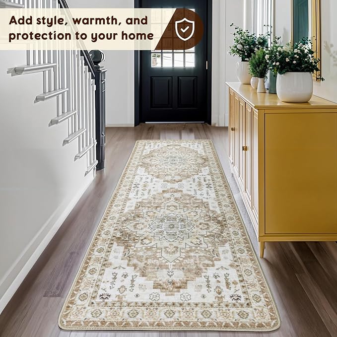 LBRO2M Boho Washable Runner Rug 2'6“X8’ Cream Washable Hallway Runner Rugs Non Slip Low Piles Rugs, Soft, Area Rug Runners for Hallways, Bedroom, Kitchen Laundry Room (2'6"X8', Butter Cream)