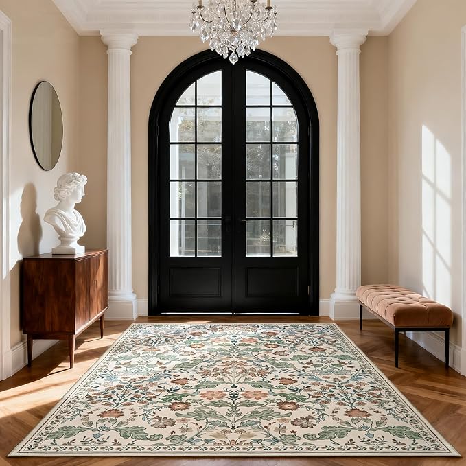 Floral Area Rug for Living Room: 4x6 Washable Soft Low Pile Thin Indoor Carpet, Non Slip Stain Resistant Vintage Flower Boho Accent Rugs for Bedroom, Dining, Home Office, Nursery - Beige