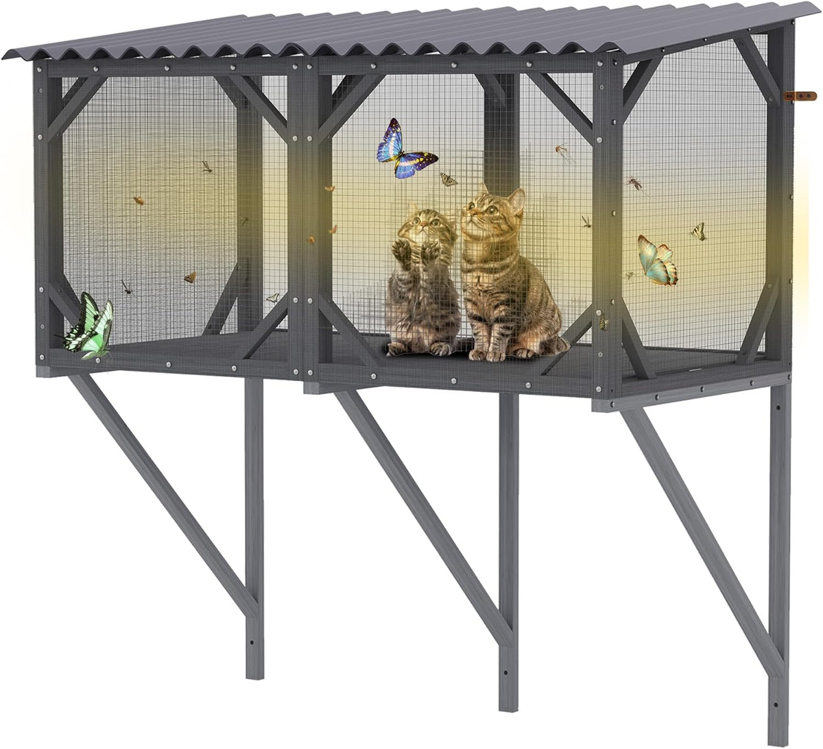 Cat Window Box, 43.3" Catio o Outdoor Cat Enclosure for Sunbathing, Napping & Bird Watching, Wood Cat Window Perch with Mosquito Net Window Catio for Indoor Cats(Gray+Removable Mesh 43.3")