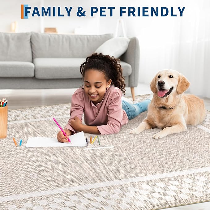 Rug Runners for Hallways 2x8 Washable Kitchen Runner Rug Non Slip Low Pile Bedside Throw Carpet Modern Bordered Bathroom Runners Checkered Area Rug for Living Room Bedroom Entryway Nursery, Beige