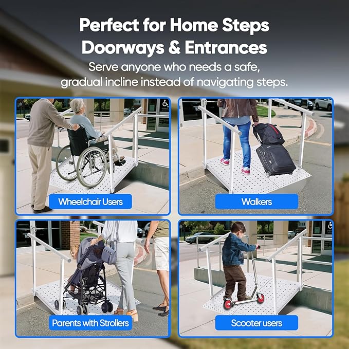 Folding Wheelchair Ramp with Handrails for Steps ??Heavy Duty Threshold Ramp 500lbs Capacity, Safe Door Portable Ramp with Handle for Home Entrance for Elderly, Walkers, Mobility Scooters