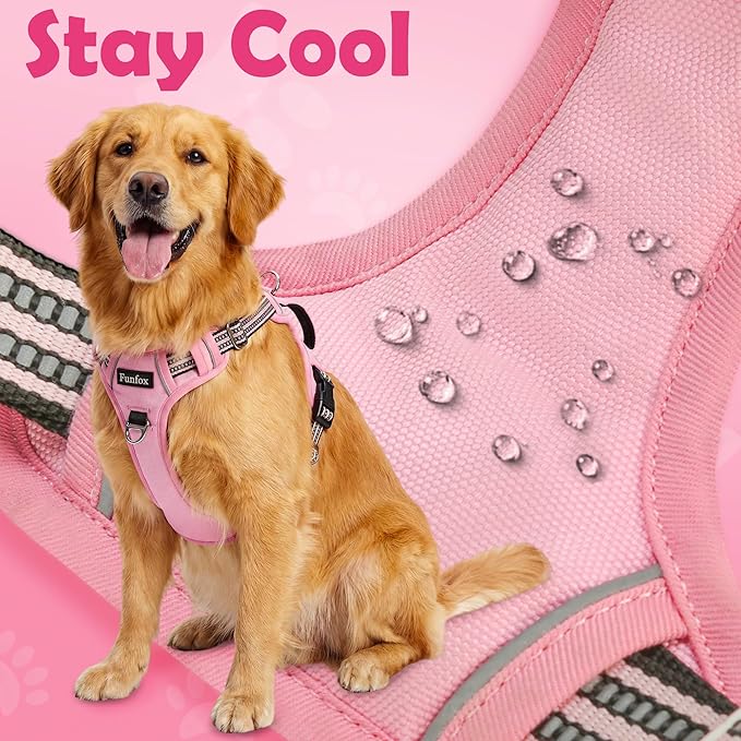 Funfox Dog Harness Medium No Pull, Adjustable 2 Clips Anti-Pull Vest with Practical Handle, Breathable Padded Pet Harness Designed for Small/Large Breeds, Reflective Training Walking Pink M