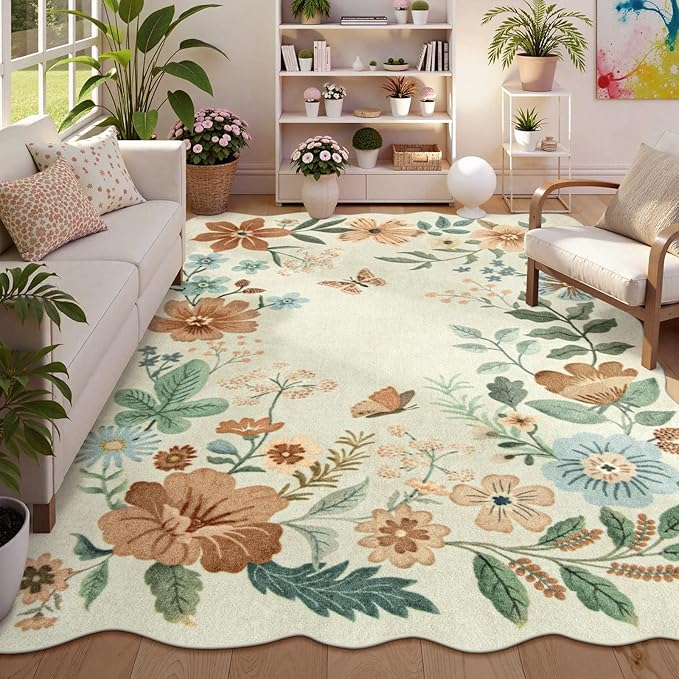 Lahome Floral Washable Rugs 8x10, Non-Slip Soft 8x10 Rugs for Living Room Bedroom, Ultra-Thin Stain Resistant Boho Accent Carpet for Dining Room Office, Beige