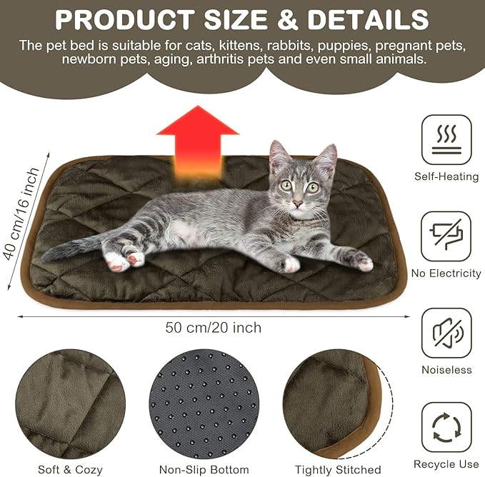 2 Pack Self Heating Cat Mat Self Warming Pet Pads Washable Kennel Mat Dog Crate Pad Reflects Body Heat Non Skid Cat Thermal Pads for Puppy Indoor Outdoor(Brown,16 x 20 Inches)