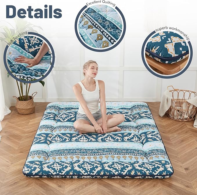Japanese Floor Mattress, Futon Mattress with Portable Storage Bag and Washable Cover, Roll Up Thick Tatami Mat Suitable for Camping, Guest Room (Blue Striped Jacquard, Twin)