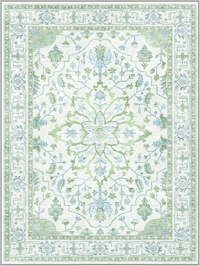 Area Rugs Round 8ft Washable Non-Slip, Floral Vintage Distress Print Pattern Medallion Carpet for Living Room Bedroom Dining Room, Green White Blue