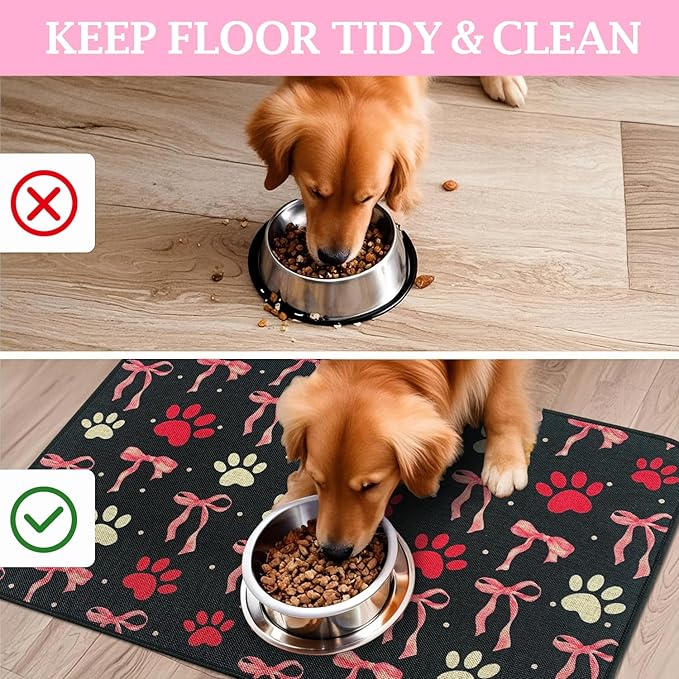 SHIYUE Dog Food Mats for Floors, Absorbent Cat Bowl for Food and Water, Non-Slip Accessories Pet Supplies(12"x20",Black Bow Footprint)