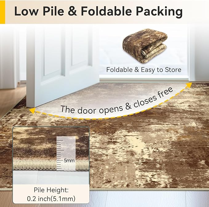 Washable Area Rugs 8'x10' Non-Slip Modern Abstract Soft for Living Room Entryway Bedroom Nursery, Print Pattern, Brown Tan Beige Coffee