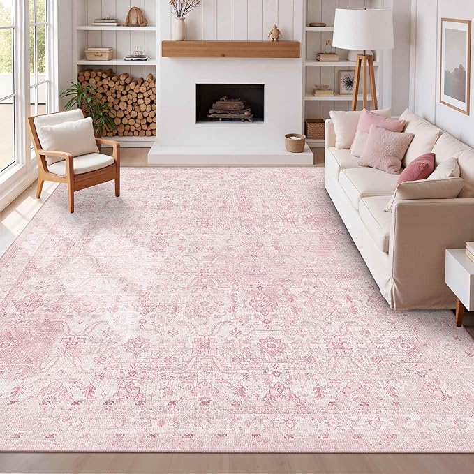 8x10 Area Rugs for Living Room Bedroom,Pink Large Washable Neutral Rug, Vintage Floral Retro Boho Non Slip & Low Pile Carpet for Indoor Dining Room, Classroom, Dorm, Nursery and Kids Room