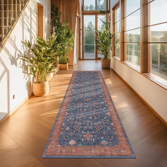Navy Blue Runner Rug 2x6 for Kitchen, Hallway, Mudroom, Laundry Room, Bathroom, Washable Non Slip Non Skid Rubber Backing Low Pile Stain Resistance