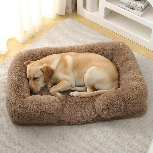 Orthopedic Dog Bed for XL Dogs - Washable Memory Foam Pet Sofa, Fluffy Plush Rectangular Bed, Waterproof Anti-Anxiety Couch, Khaki, XL