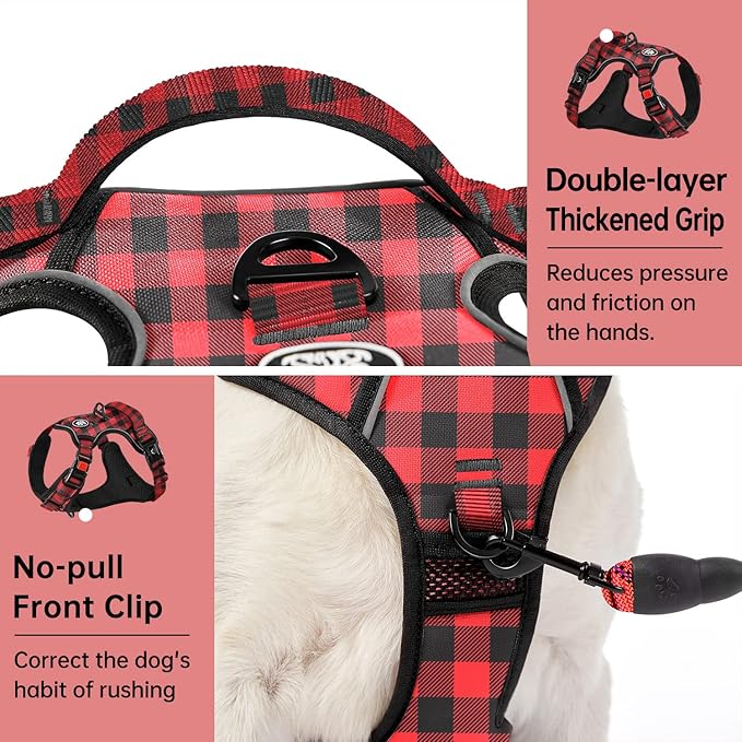 IVY&LANE No Pull Dog Harness with Leash Set, Reflective No Choke Pet Vest,Adjustable Oxford Dog Vest Harness with Easy Control Handle for Large Dogs (Checkered Red,XL)