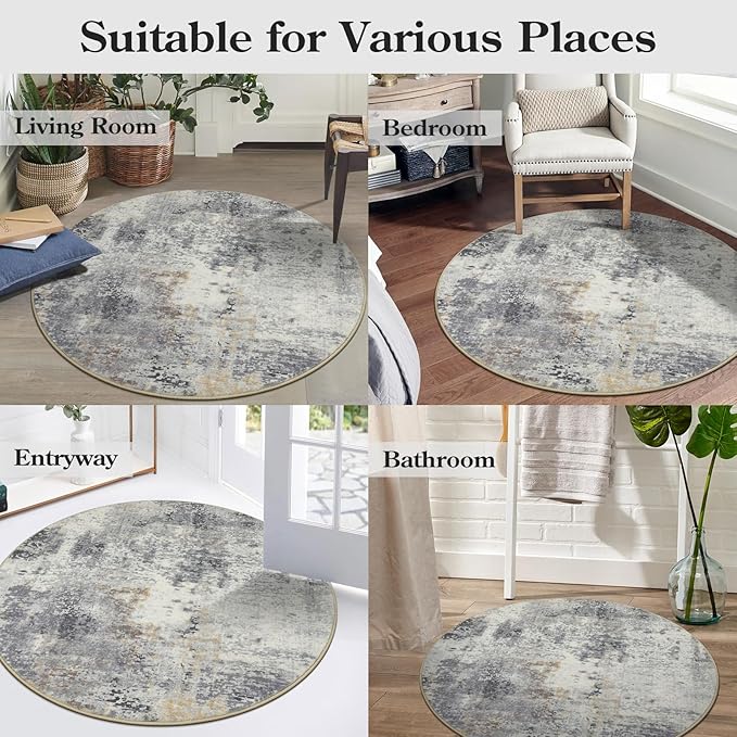 Lahome Modern Abstract Round Rug - 6Ft Gray Circle Rugs for Living Room Soft Dining Room Rugs for Under Table, Machine Washable Bedroom Mat Non Slip Large Carpet for Office Kitchen Entrance
