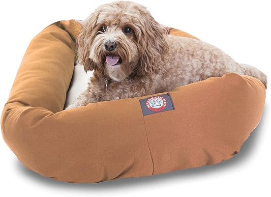 Majestic Pet 32 Inch Poly-Cotton Sherpa Calming Dog Bed Washable 32x18x8 (inch) – Cozy Soft Round Donut Dog Bed with Spine for Head Support - Pet Bed Medium - Khaki