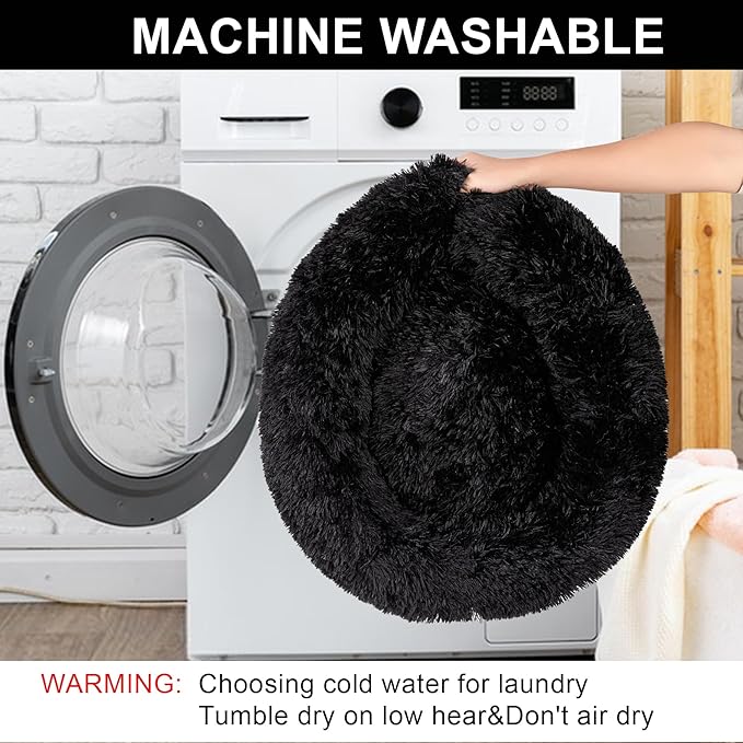 Dog Calming Beds for Small Medium Large Dogs - Round Donut Washable Puppy Dog Bed, Anti-Slip Faux Fur Fluffy Donut Cuddle Anxiety Cat Pet Bed(24'' Black)