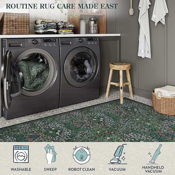Lahome Floral Washable Runners for Hallways, 2x6 Runner Rug Non Slip Ultra-Thin, Boho Soft Hallway Rug Forest Green Carpet for Kitchen Bedroom Bathroom Laundry Room, Dark Green