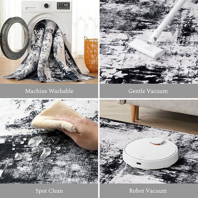 Rugflix 6x9 Area Rugs for Living Room, Washable Large Rug Stain-Resistant Low Pile, Modern Dark Carpet for Dining Room Home Office Kid Room Nursery Bedroom, Black Grey