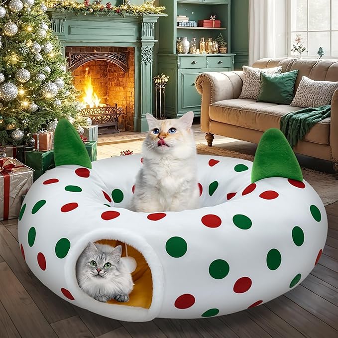 Cat Tunnel Christmas Tree Skirt, 3ft x 3ft x 9.8in Cat Tunnels for Indoor Cats, Red and Green Dot Cat Donut Tunnel with Hanging Ball and Cat Ears, Kitten Toys for Indoor Kittens Puppy Rabbit