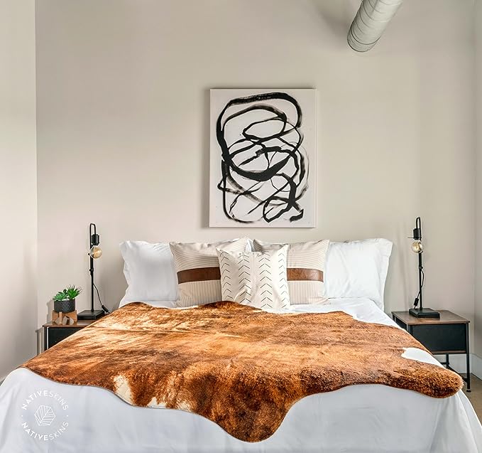 NativeSkins Faux Cowhide Rug ??Brindle (Oversized) | 6.2ft x 8.2ft | Cow Print | Western Bedroom Decor | Hand-Cut, Faux Suede No-Slip Backing | Western Rug | Animal Print | Cow Hide