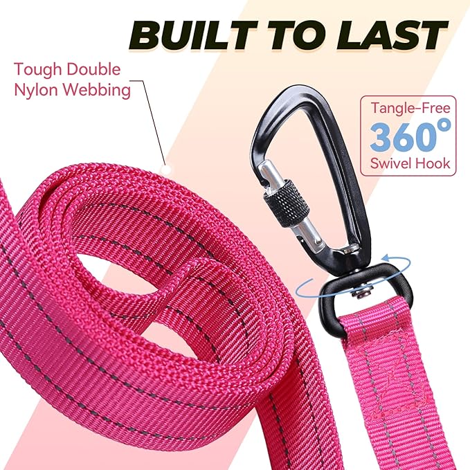 VIVAGLORY Dog Leash Lighthook Double Handle Dog Leash with Traffic Handle & Locking Carabiner for Walking & Training, Traffic Control Lightweight Carabiner for Puppy Pet, 5ft x 1in, Pink