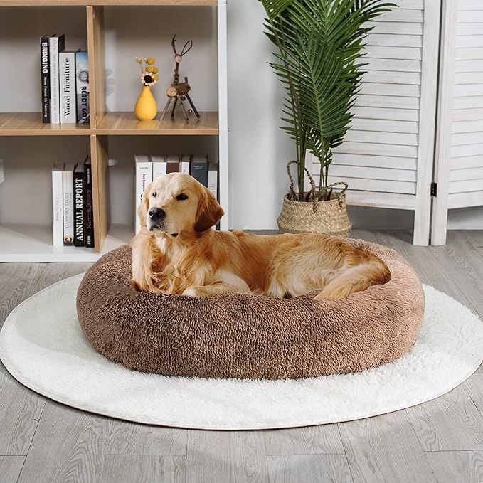 Coohom Oval Calming Donut Cuddler Dog Bed,Shag Faux Fur Cat Bed Washable Round Pillow Pet Bed(30"/36"/43'') for Small Medium Dogs (XL(36"x27"x7"), Camel)