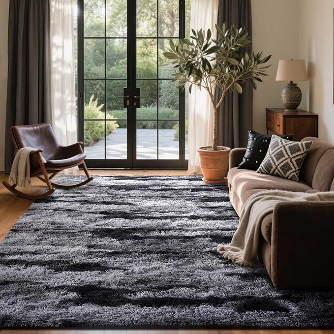6x9 Ft Large Shag Rugs for Living Room Decor, Tie-Dyed Ultra Soft Fluffy Furry Area Rugs for Bedroom Indoor Floor, Aesthetic Carpet for Kids Home (Black)