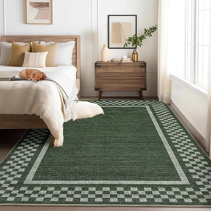 GarveeHome Modern Bordered 8x10 Area Rugs for Living Room Bedroom Soft Washable Large Bedroom Throw Carpet Non Slip Checkered Geometric Rugs for Dining Room Home Decor Office, Green