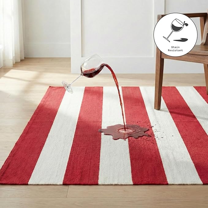 Fab Habitat Machine Washable Area Rug - Hand Woven, Stain Resistant, Pet Friendly - Premium Recycled Polyester Yarn - Stripes - Bedroom, Living Room - Nantucket - Red & White - 4 x 6 ft