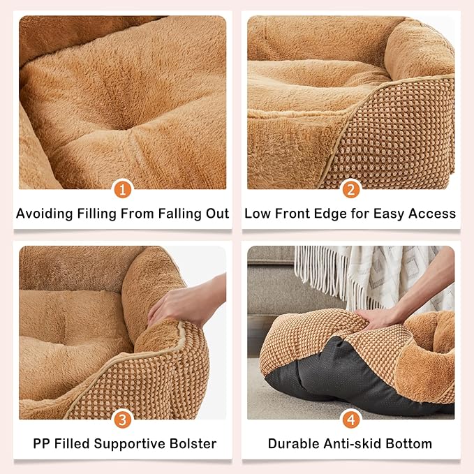 MIXJOY Dog Beds for Small Dogs Cats, Small Dog Bed Washable, Calming Dog Bed Small Size Dog, Soft Cat Beds for Indoor Cats, Orthopedic Rectangle Pet Puppy Sofa Bed with Anti-Slip Bottom(20x19in,Brown)