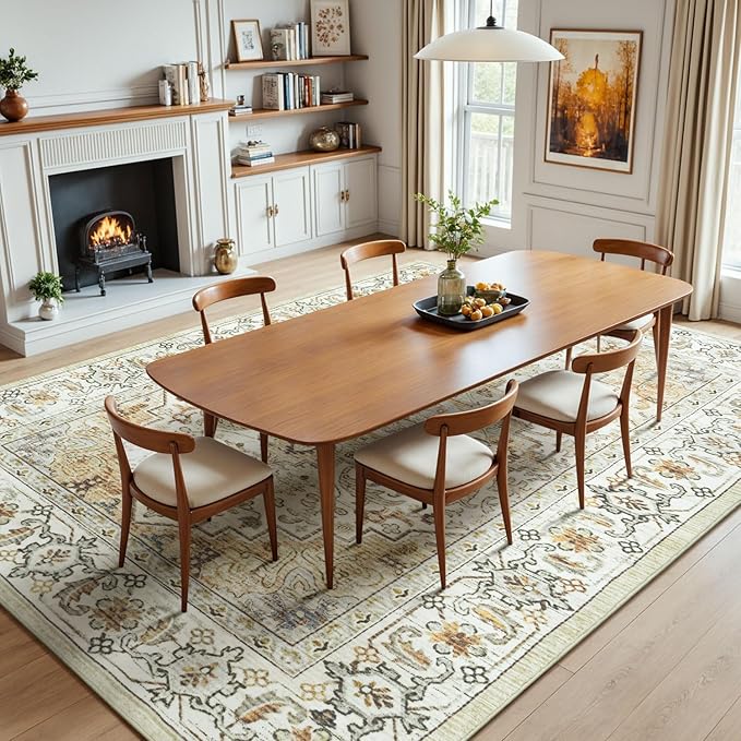 Lessymo 8 x 10 Area Rugs for Living Room, Machine Washable Area Rugs Boho Faux Wool Low Pile Area Rug for Bedroom, Floral Medallion Vintage Rugs with Non-Slip Rubber, Kid & Pet Friendly,Beige