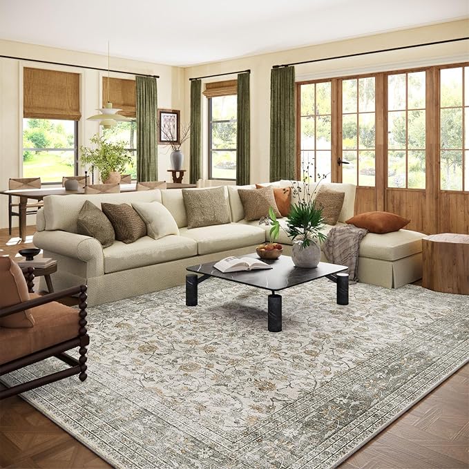 Machine Washable Rugs for Living Room: 9x12 Area Rugs for Bedroom Vintage Stain Resistant Non Slip Low Pile Soft Boho Carpet for Kitchen Dining Room Farmhouse Kids Room Nursery