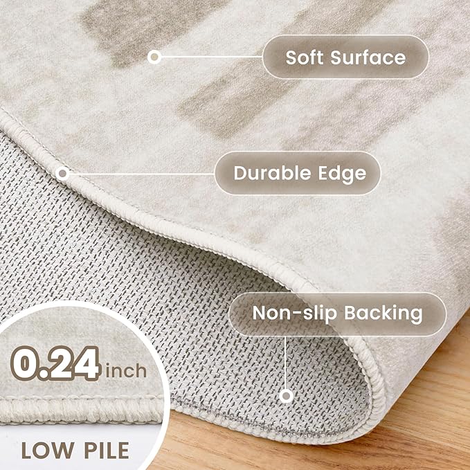 Washable Area Rugs, 2x6ft Soft Rug for Living Room and Bedroom Vintage Striped Rug Stain Resistant with Non Slip Backing Geometric Checkered Foldable Print Mat for Home Decor