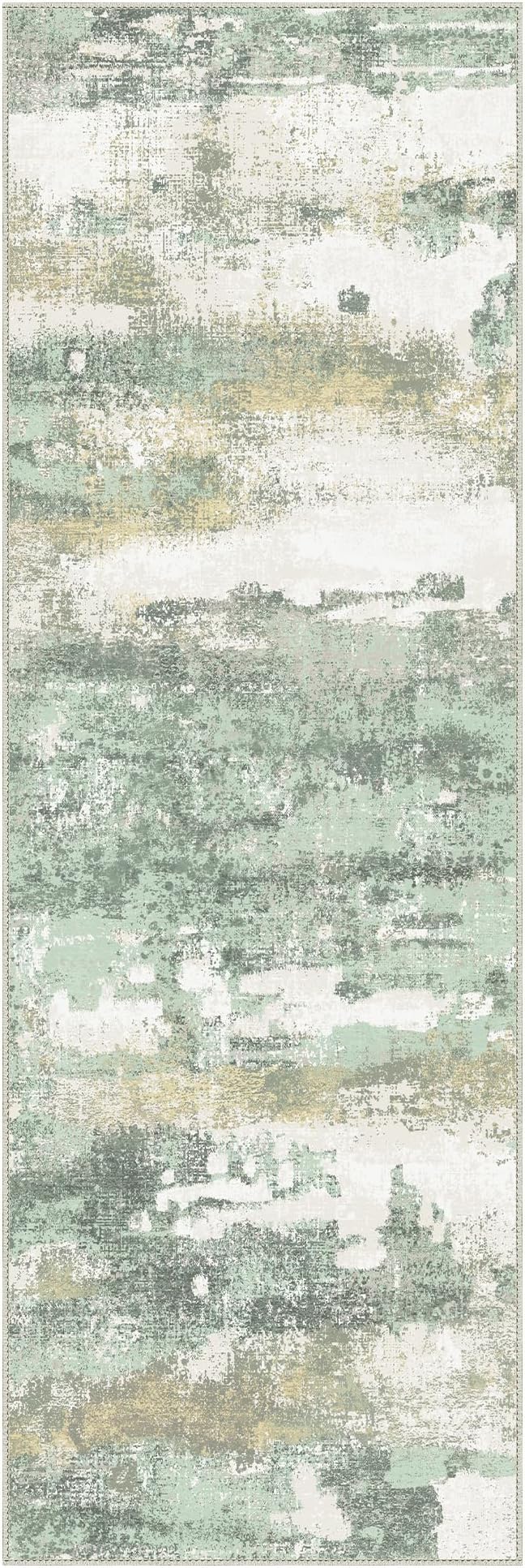 Runner Rug for Hallway Kitchen, 2'6"x7' Machine Washable Runners Rug for Entryway, Soft Modern Abstract Throw Rugs, Low Pile Floor Cover with Non Slip Backing, Light Green