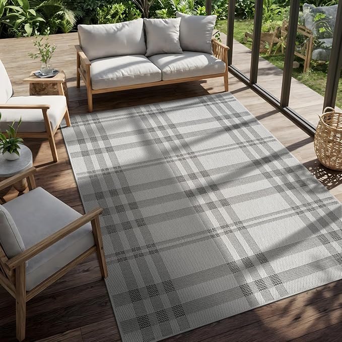 CAMILSON Easy Jute Rug 6x9, Indoor Outdoor Off-White Color Fiber Area Rugs for Entry, Living Room and Farmhouse Rug, Checkred Boho Woven Design, Easy-Cleaning, Washable Outside Carpet (6 x 9)