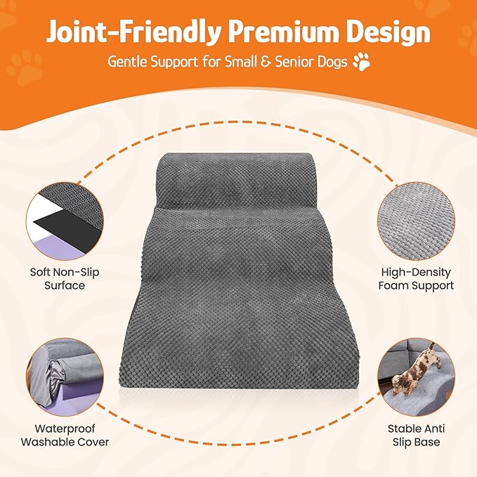 Dog Stairs for Small Dogs, 3-Step Dog Ramp for Bed Chair and Couch, Pet Stairs for Cats with Durable Non-Slip Waterproof Cover, Indoor Pet Steps, Comfortable, Grey