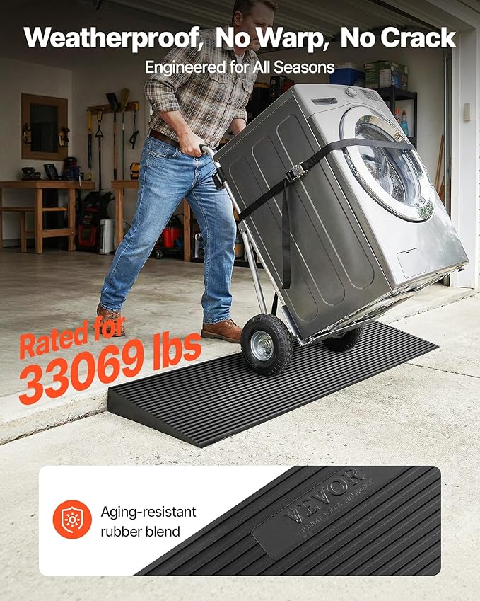 VEVOR 1.6" Rise Cuttable Threshold Ramp for Doorways, 35.4" Wide Natural Rubber Wheelchair Ramp, Non-Slip Solid Rubber Ramp with Double-Sided Tape for Doorways,Driveways,Bathroom,Smooth Tile