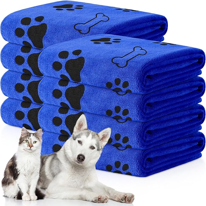 Chumia 8 Pcs Dog Towels for Drying Dogs Cats Pet Towels Bulk Puppy Microfiber Quick Drying Paw Bath Bathing Supplies Absorbent for Medium Pets(Dark Blue,40 x 24 Inch)