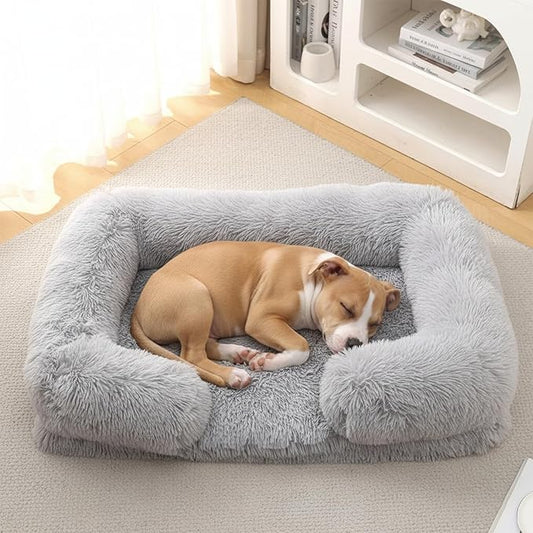 Orthopedic Dog Bed for XL Dogs - Washable Memory Foam Pet Sofa, Fluffy Plush Rectangular Bed, Waterproof Anti-Anxiety Couch, Light Gray, XL