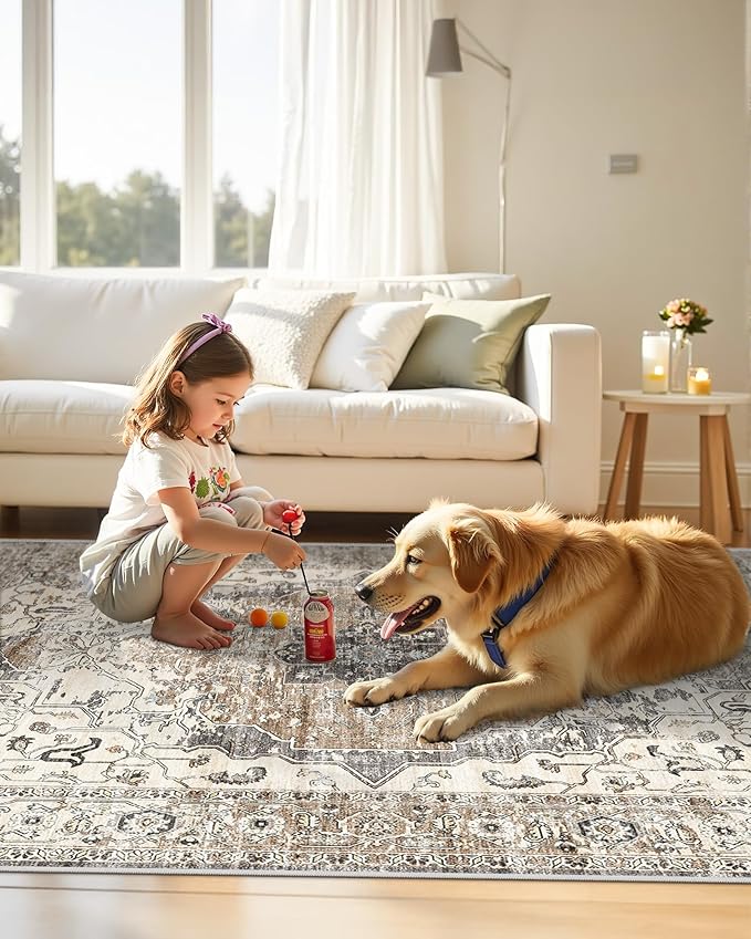 6x9 Area Rugs for Living Room,Super Soft Ultra-Thin Stain Resistant Machine Washable Rugs for Bedroom,Non-Slip Backing Large Area Rug(Brown/Grey,6'x9')