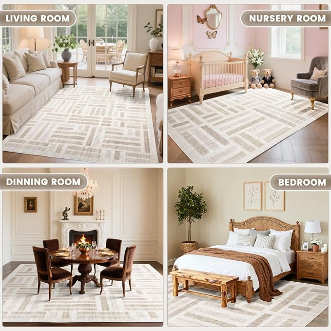 Washable Area Rugs, 8x10ft Soft Rug for Living Room and Bedroom Vintage Striped Rug Stain Resistant with Non Slip Backing Geometric Checkered Foldable Print Mat for Home Decor