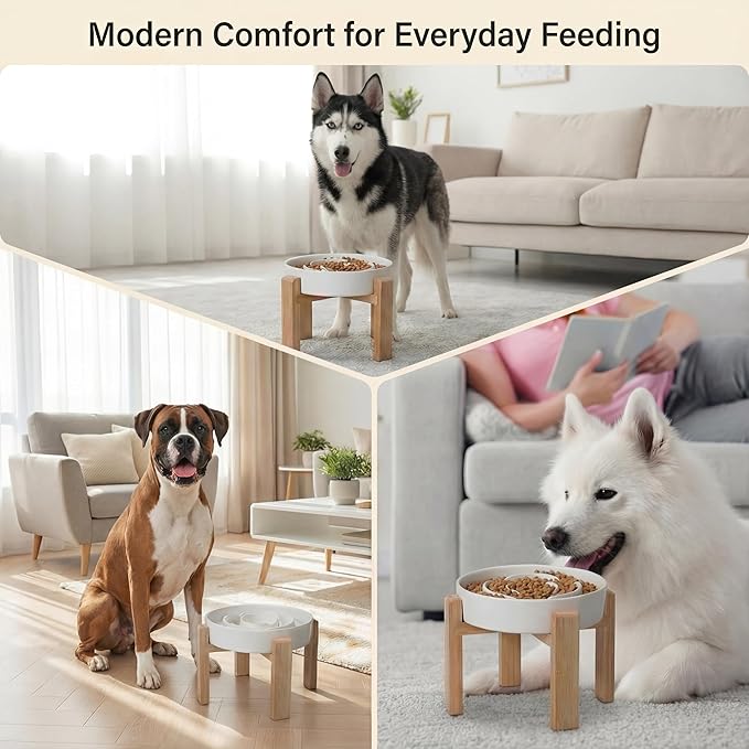 Elevated Slow Feeder Dog Bowl - Upgraded with Screwed Bamboo Stand - Ceramic Maze Dish for Fast Eaters - Raised Feeding Bowl for Medium and Large Dogs - White - 8.4 inch