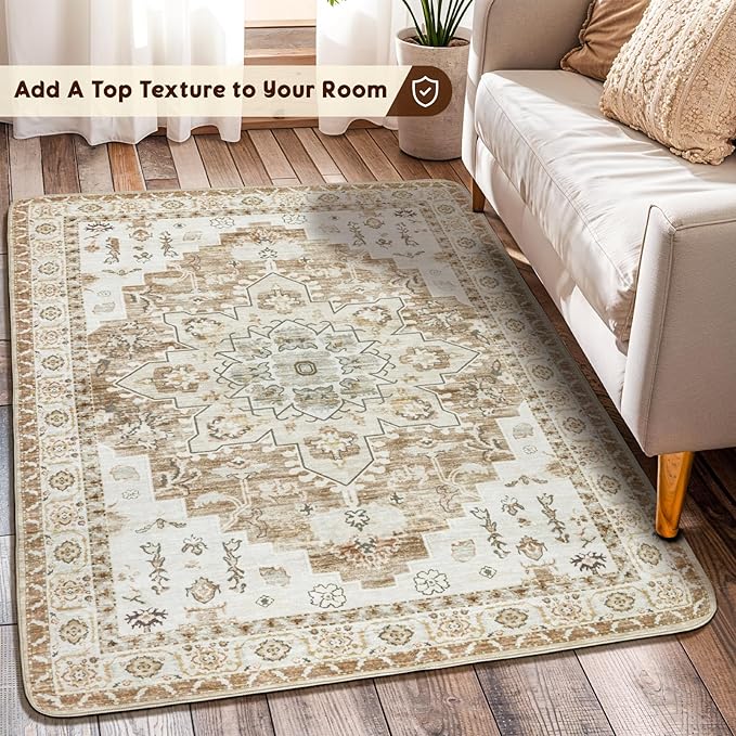 LBRO2M Boho Rug for Entryway Indoor Washable Rugs 3X5 Front Door Carpet Non Slip Throw Rugs, Small Rug for Bathroom Kitchen Rugs Pet Friendly Area Rugs Low Piles (3'X5' Butter Cream)