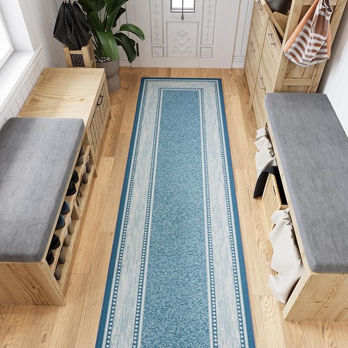 Ottomanson Hallway Runner Rug 2'7" x 9'10" Non Slip Border Area Rugs Easy to Clean Laundry Rug Runner Durable & Pet Friendly Floor Carpet Runners for Hallways Entryway Living Room Kitchen, Turquoise