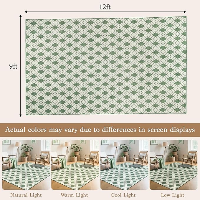 LBRO2M Checkered 9X12 Area Rug for Living Room Washable Rugs for Bedroom Dining Room Non Slip Modern Rugs Easy Clean, Soft, Stain Resistant Carpet Great for Pets and Family (9'X12' Green)